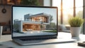 Laptop displays modern house rendering, showing exterior and interior views. Architectural design project on computer screen. Royalty Free Stock Photo