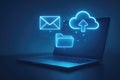 Laptop with neon blue icons for email, folder, and cloud upload on dark background computer technology Royalty Free Stock Photo