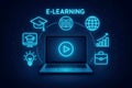 Laptop with play button on screen and glowing blue neon icons for e-learning concepts online education Royalty Free Stock Photo