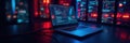 Laptop displays server monitoring data, cables visible , network, performance, system