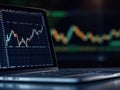 Laptop displays stock market data. Financial trading analysis visible on screen. Investment strategy displayed on tech device.