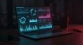 A laptop displays various data visualizations on its screen, including line graphs,
