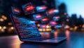 laptop displays vibrant code its screen surrounded by floating digital screens showcasing colorful programming text This scene