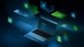 Laptop with glowing interface icons floating around, showcasing digital technology and innovation, representing modern Royalty Free Stock Photo