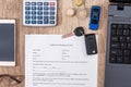 Laptop, document about car purchase, dollar, calculator, Royalty Free Stock Photo
