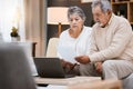 Laptop, documents and retirement with a senior couple planning their savings or investment portfolio. Budget, finance Royalty Free Stock Photo