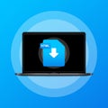 Laptop and download HTML file icon. Document downloading concept. HTML label and down arrow sign. Vector on isolated background.