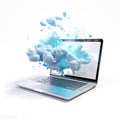 A laptop with a dynamic blue cloud explosion emanating from the screen symbolizing data or creativity Royalty Free Stock Photo