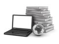 Laptop, earth globe and stack of books Royalty Free Stock Photo
