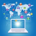 Laptop, earth map and application icons Royalty Free Stock Photo