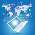 Laptop, earth map and application icons Royalty Free Stock Photo