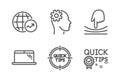 Laptop, Elastic and World statistics icons set. Engineering, Tips and Quick tips signs. Computer, Resilience. Vector