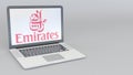 Laptop with Emirates Airline logo. Computer technology conceptual editorial 3D rendering