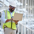 Laptop, engineering man and construction worker for online project. management, building progress and floor plan Royalty Free Stock Photo