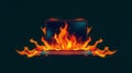 Laptop engulfed in flames, a dramatic visual representing system failure or overheating
