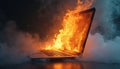 Laptop engulfed in flames, smoke. Burning computer on dark background tech malfunction, destruction, data loss, device failure, Royalty Free Stock Photo