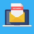 Laptop and envelope with document. Email with document header, subject line. Modern flat design vector illustration. Royalty Free Stock Photo