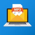 Laptop with envelope and MP3 file. Notebook and email with file attachment MP3 document. Vector illustration. Royalty Free Stock Photo
