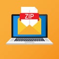 Laptop with envelope and ZIP file. Notebook and email with file attachment ZIP document. Vector illustration.