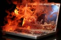 Laptop Enveloped in Fiery Flames and Smoke, Blending Cold and Warm Colors for a Dynamic Effect