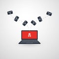 Laptop and Envelopes - Malware Infection by E-mail - Virus, Backdoor, Ransomware, Fraud, Spam, Phishing, Email Scam, Hacker Attack