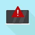 Laptop with error or red sign attention danger error message laptop screen blue background with shadow warning icon. Flat design Royalty Free Stock Photo