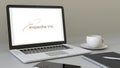 Laptop with Expedia logo on the screen. Modern workplace conceptual editorial 3D rendering Royalty Free Stock Photo