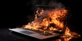 Laptop fiercely burning and smoking. AI generative