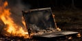 Laptop fiercely burning and smoking. AI generative