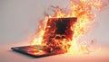 A laptop is on fire, with flames shooting out of it by AI generated image Royalty Free Stock Photo