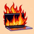 Laptop on fire, indicating computer overheating and failure, vector illustration Royalty Free Stock Photo
