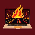 Laptop on fire, indicating computer overheating and failure, vector illustration Royalty Free Stock Photo