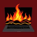 Laptop on fire, indicating computer overheating and failure, vector illustration Royalty Free Stock Photo