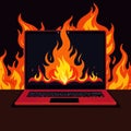 Laptop on fire, indicating computer overheating and failure, vector illustration Royalty Free Stock Photo