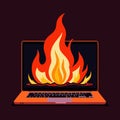 Laptop on fire, indicating computer overheating and failure, vector illustration Royalty Free Stock Photo