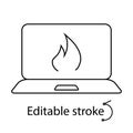 Laptop with fire outline icon. Computer problem. Laptop repairs. Customizable linear contour symbol