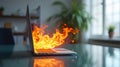 Laptop on fire on a reflective desk, symbolizing technology failure, overheating issues, or cybersecurity risks in a modern indoor Royalty Free Stock Photo
