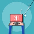 Laptop on fishing hook. Scam online. Vector isometric online business robbery. vector