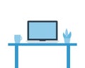 Laptop flat design style icon. vector illustration . Flat computer icon on table with cup and flower Royalty Free Stock Photo