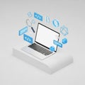Laptop with Floating Code and Geometric Icons on a Pedestal computer technology Royalty Free Stock Photo