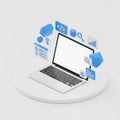 Laptop with Floating Icons Representing Data and Technology on a White Platform computer Royalty Free Stock Photo