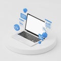 Laptop with Floating UI Elements and Geometric Shapes on a White Pedestal computer technology Royalty Free Stock Photo