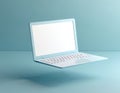 Laptop floats in light blue studio. Modern device clean blank screen. Wireless computer for work, online studying, business, Royalty Free Stock Photo