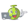 With laptop fresh melon isolated on character cartoon