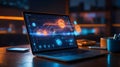 Laptop with futuristic digital security interface and glowing holograms in modern office setting Royalty Free Stock Photo