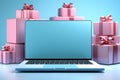 Laptop with gift boxes on blue background. 3D rendering. shopping concept. ia generative