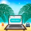 Laptop and glass of cocktail on tropical beach. Freelance work vector illustration