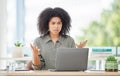 Laptop, glitch and frustrated with a business black woman looking upset or annoyed while working in her office. Computer Royalty Free Stock Photo