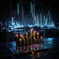 Laptop with glowing candlestick chart on abstract background. 3D rendering Royalty Free Stock Photo