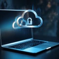 Laptop with Glowing Cloud and Padlock Icon Symbolizing Security technology computer Royalty Free Stock Photo